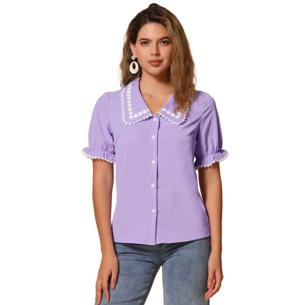 Sweet Peter Pan Contrast Collar Short Sleeves Button Up Blouse Light Purple